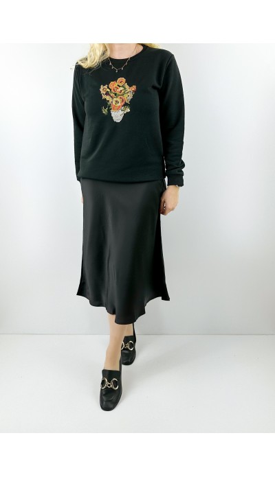 Etamin işlemeli siyah sweatshirt
