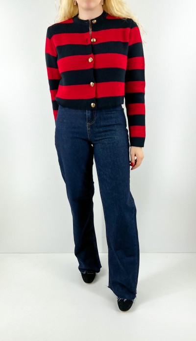 Altın düğme detaylı kırmızı lacivert çizgili hırka