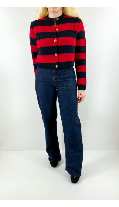 Altın düğme detaylı kırmızı lacivert çizgili hırka