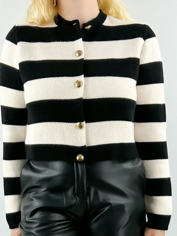 Gold button detailed black white cardigan