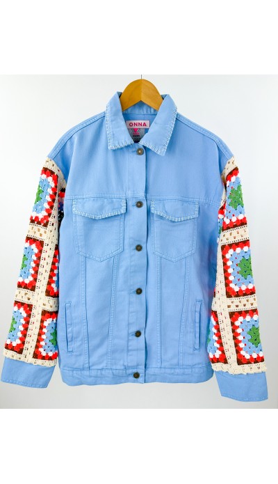 Kolları kroşe örgü detaylı mavi kot ceket 