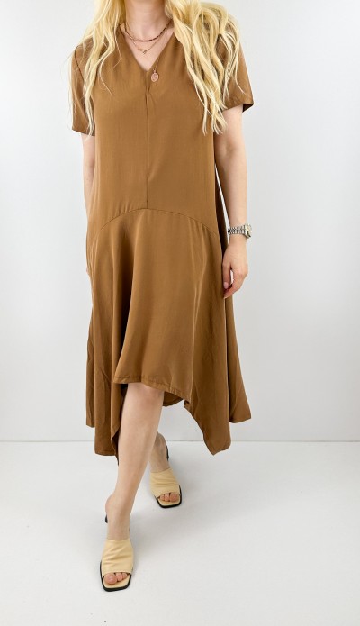 Camel asimetrik kloş elbise