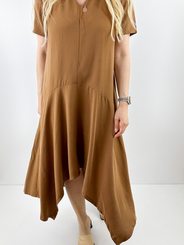 Camel asimetrik kloş elbise