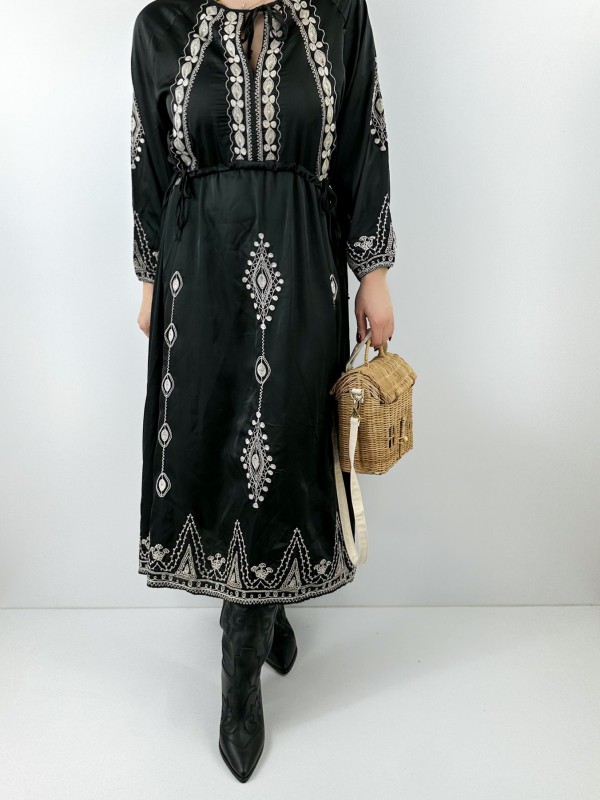 Embroidery detailed black sateen dress