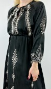 Embroidery detailed black sateen dress