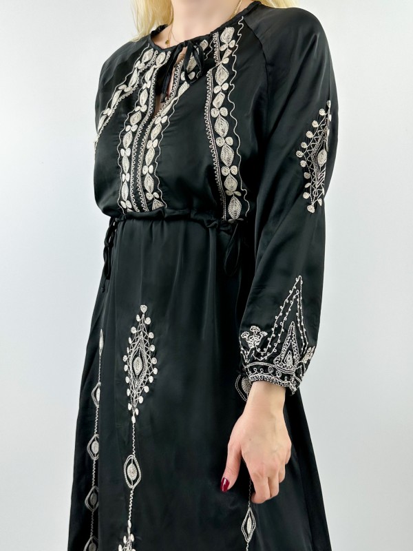 Embroidery detailed black sateen dress