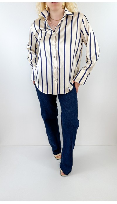 Lacivert çizgili krem saten gömlek