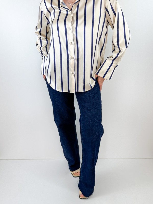 Navy striped creme color sateen shirt