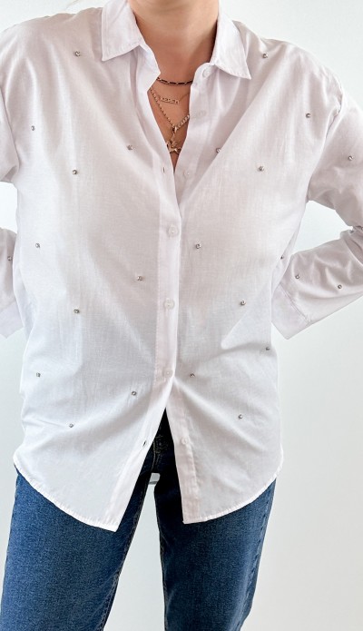 Taş detaylı beyaz poplin gömlek