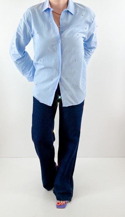 Taş detaylı mavi poplin gömlek