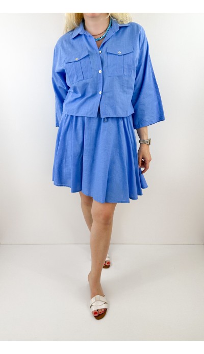 Keten karışımlı mavi gömlek etek takım
