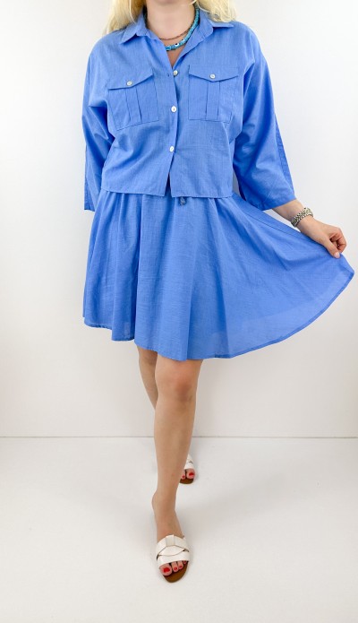 Keten karışımlı mavi gömlek etek takım