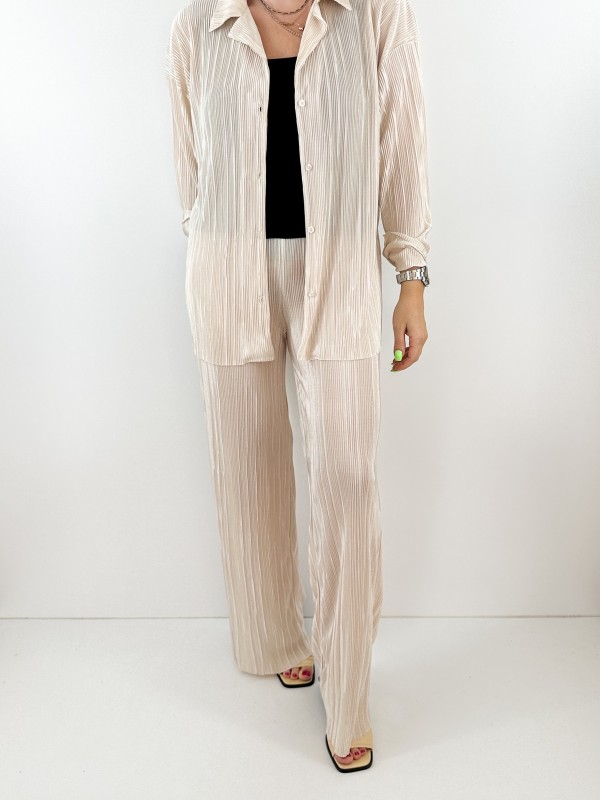 Creme color pleated shirt pants set