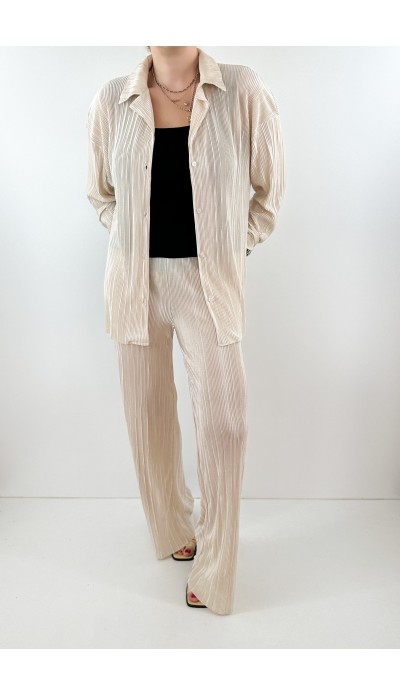 Krem pileli kumaş gömlek pantolon takım