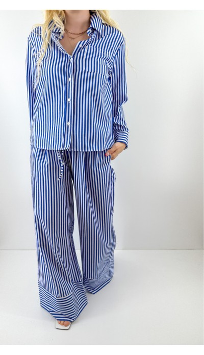 Mavi çizgili poplin gömlek pantolon takım