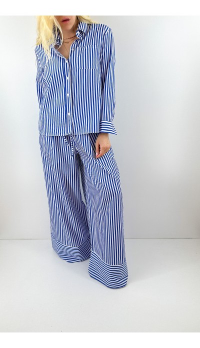 Mavi çizgili poplin gömlek pantolon takım