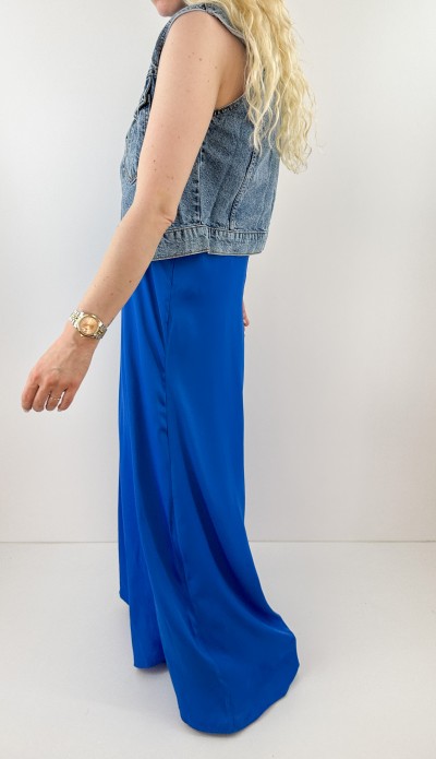 Saks mavisi sırt dekolteli tasarım tulum