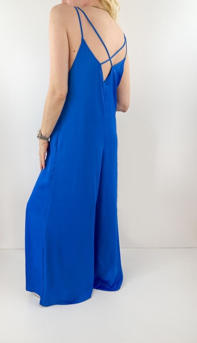 Saks mavisi sırt dekolteli tasarım tulum