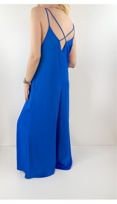 Saks mavisi sırt dekolteli tasarım tulum