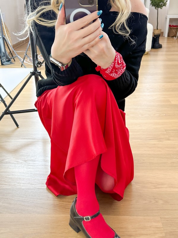 Red sateen maxi skirt