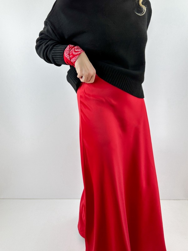 Red sateen maxi skirt