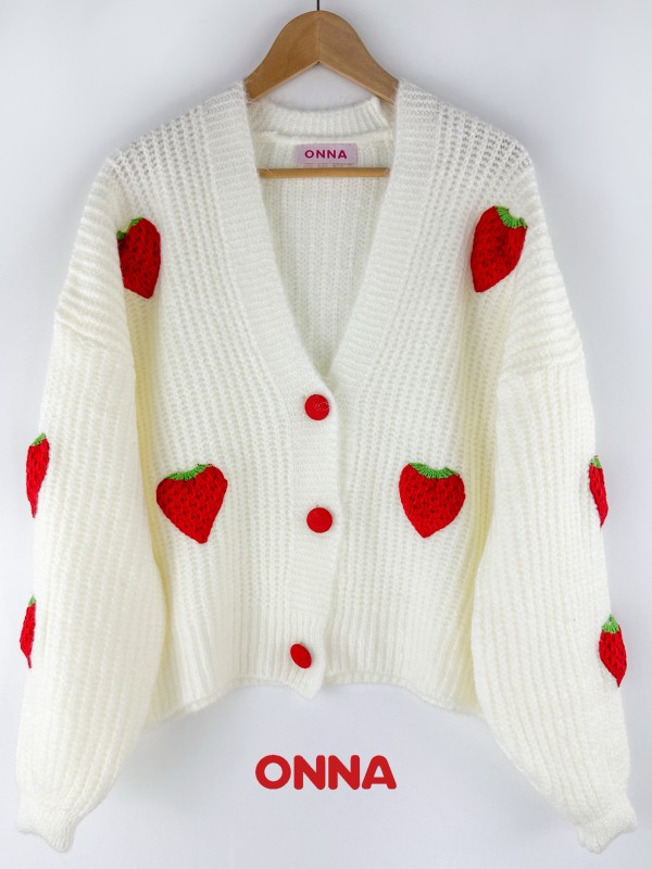 Strawberry detailed creme cardigan