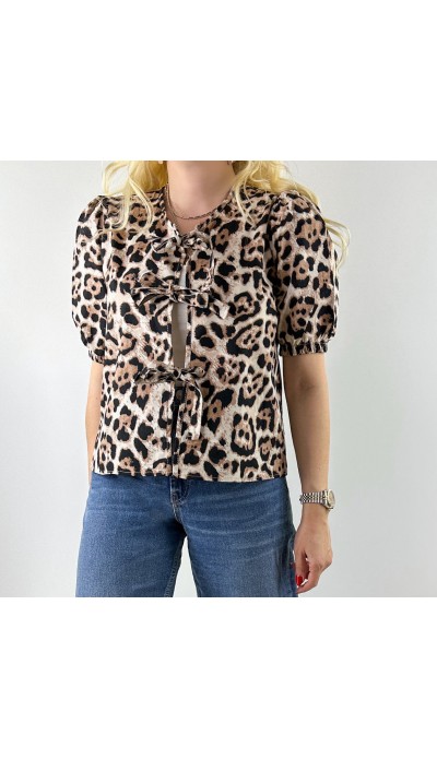 Önden bağlamalı leopar desen bluz