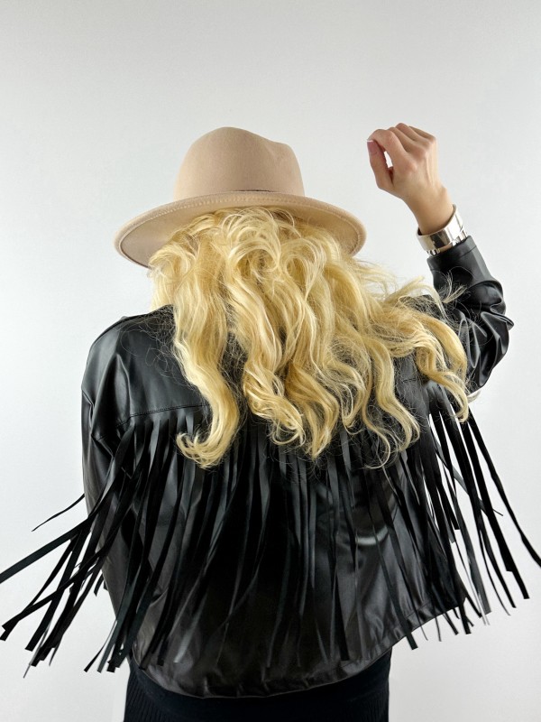 Fringed black faux leather jacket