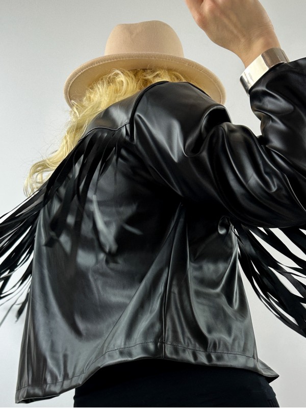 Fringed black faux leather jacket