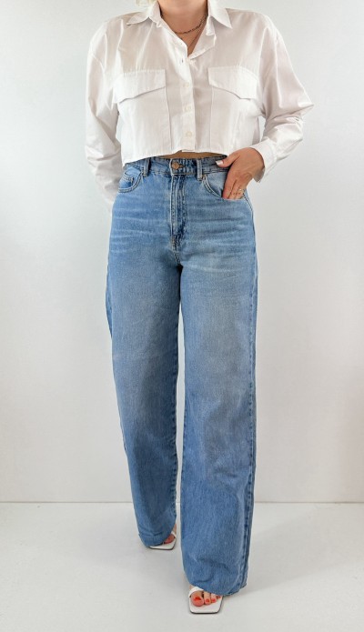 Mavi geniş paça yüksek bel kot