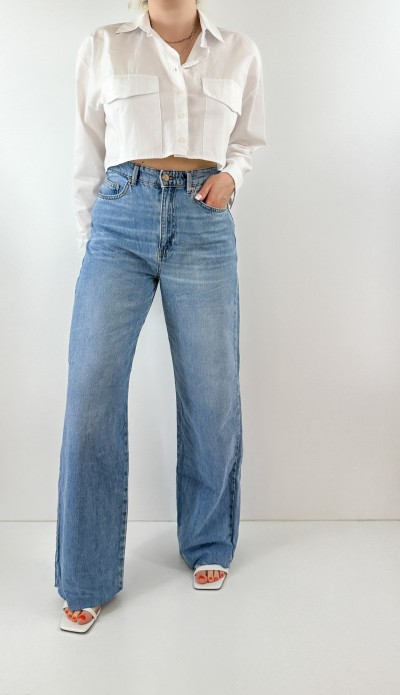 Mavi geniş paça yüksek bel kot