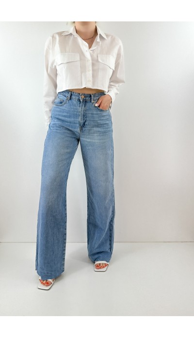 Mavi geniş paça yüksek bel kot