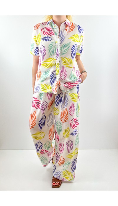 Renkli desenli keten karışımlı gömlek pantolon takım