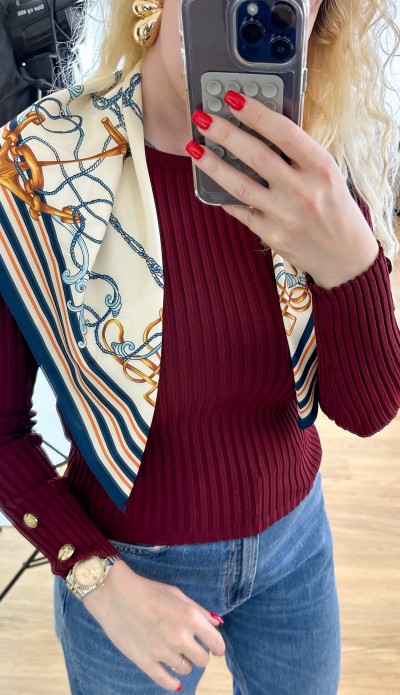 Gold button detailed burgundy knit blouse