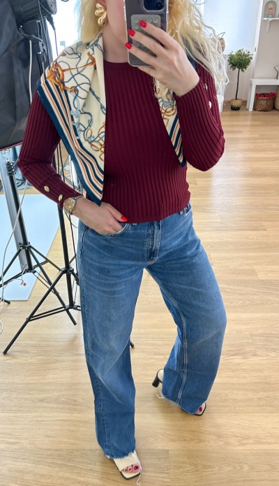 Gold button detailed burgundy knit blouse