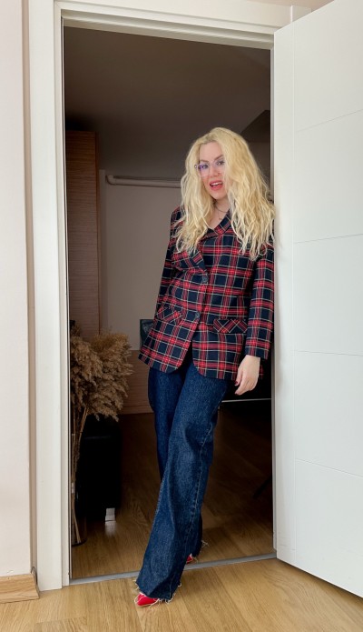 Ekose desen kırmızı blazer ceket