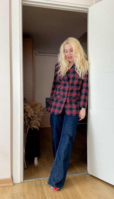 Ekose desen kırmızı blazer ceket