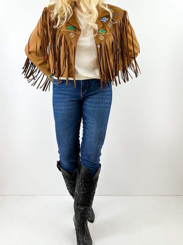 Embroidery detailed suede fringed jacket