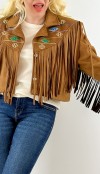Embroidery detailed suede fringed jacket