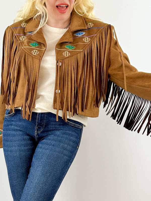 Embroidery detailed suede fringed jacket