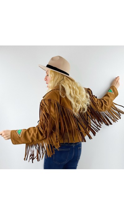 Nakış detaylı kahverengi süet püsküllü ceket