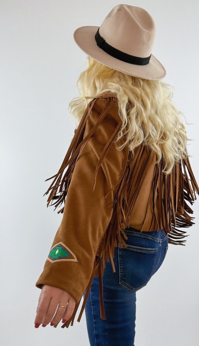 Nakış detaylı kahverengi süet püsküllü ceket