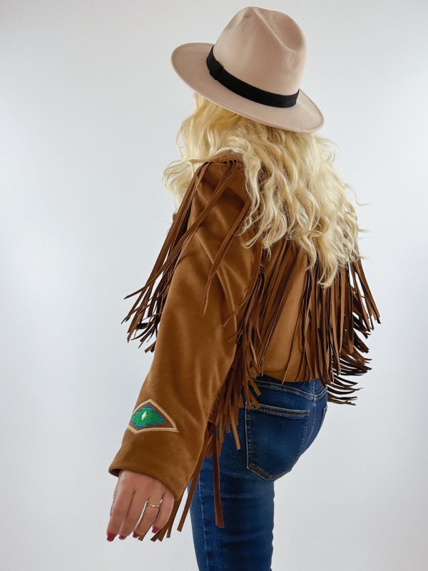 Embroidery detailed suede fringed jacket