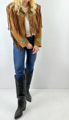 Embroidery detailed suede fringed jacket