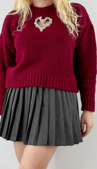 Kalp dekolteli bordo kazak