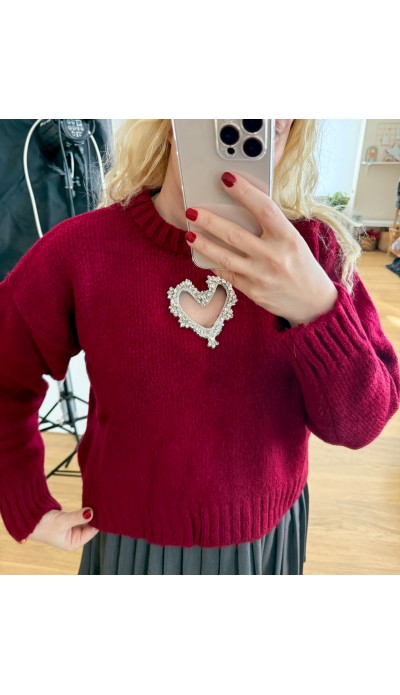 Kalp dekolteli bordo kazak