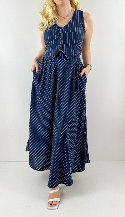 White striped navy vest skirt set