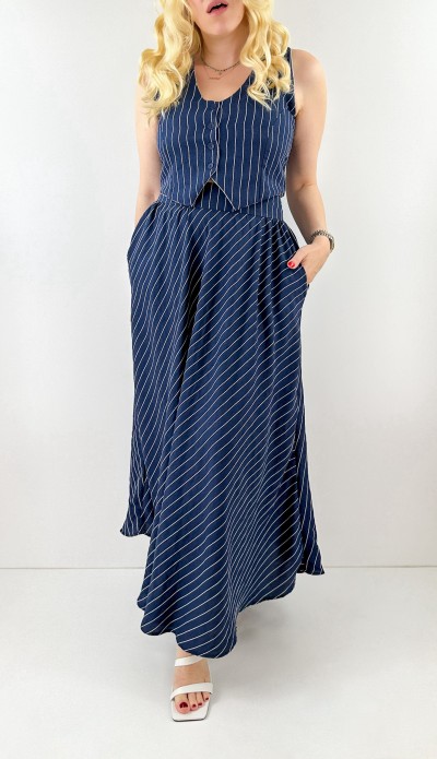 White striped navy vest skirt set
