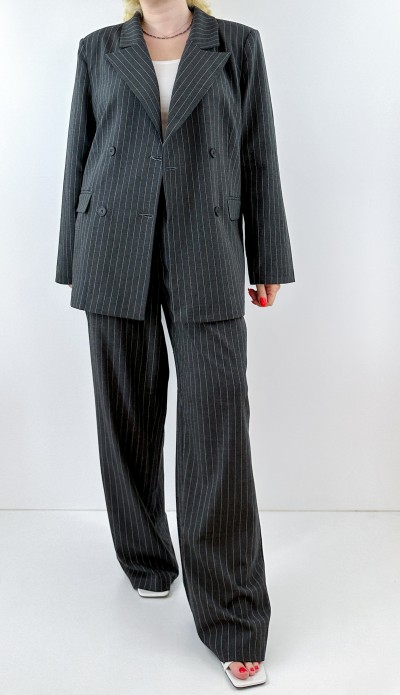 Dark gray white striped jacket pants set