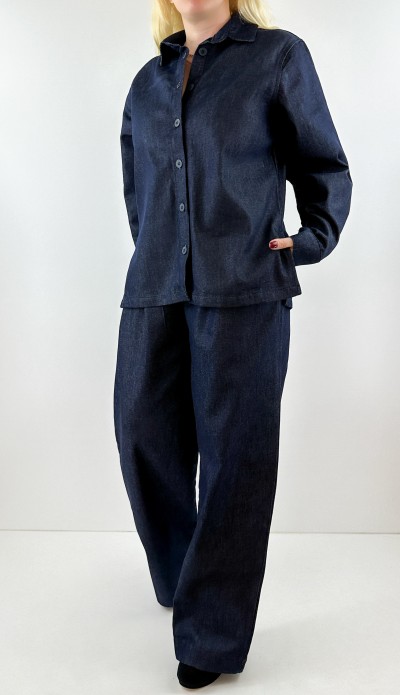 Dark blue raw denim shirt pants set